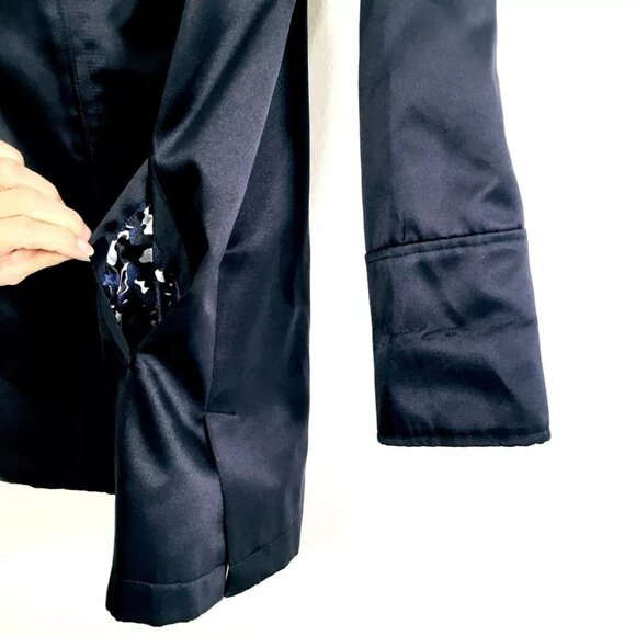 Dennis Basso Sz XS Front Zip Rain Jacket Navy Satin Anorak Removable Hood - Picture 3 of 12